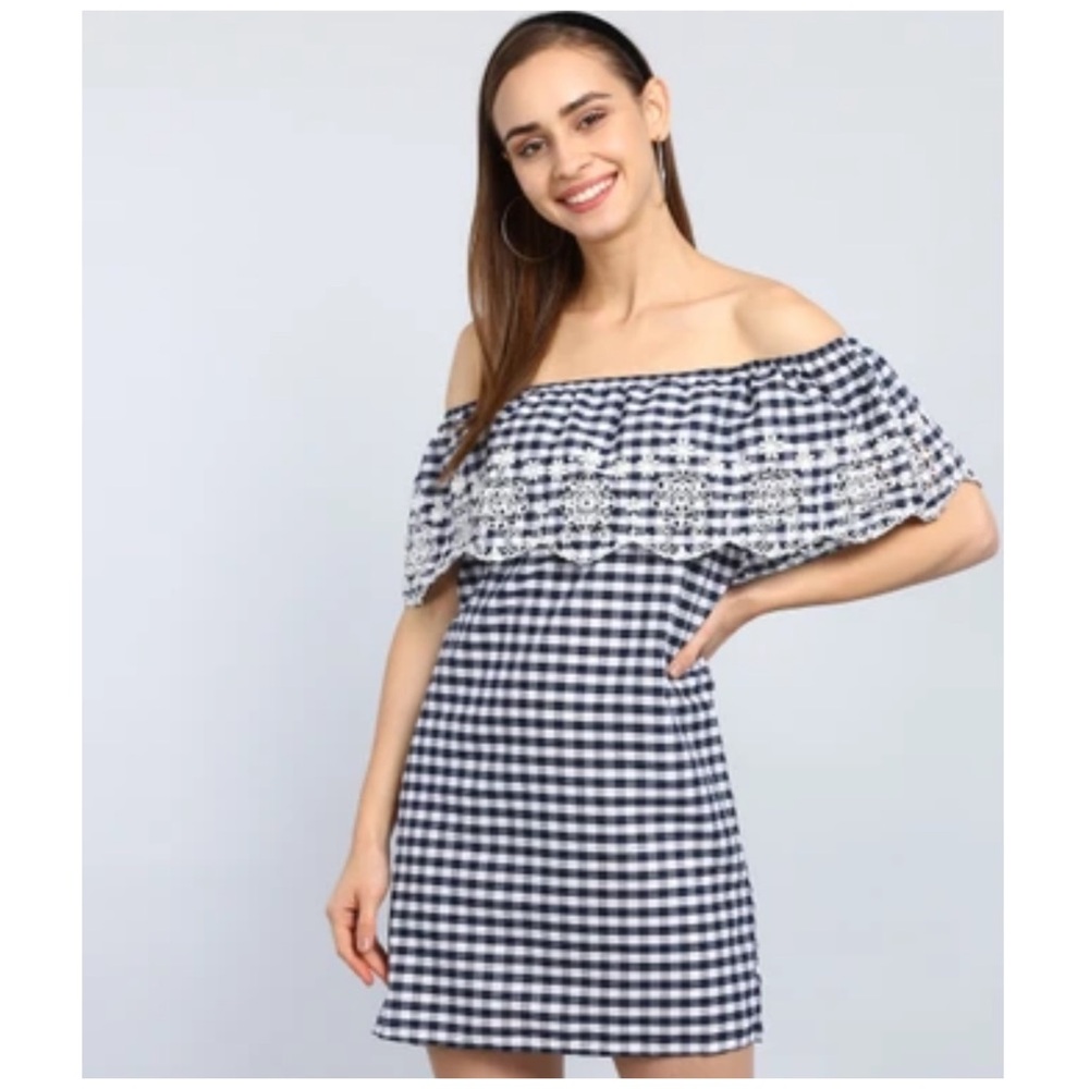 Forever 21 Contemporary Gingham Plaid Flounced Eyelet Off Shoulder Dress